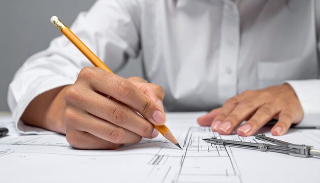 Person drawing technical architectural plans using a pencil and drafting compass