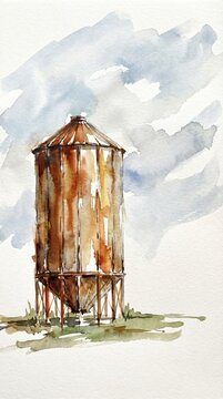 Watercolor illustration of a weathered metal grain silo standing in a rural field under a cloudy sky, representing rustic agricultural heritage and industrial farming life.
