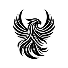 Fototapeta premium Stylized black phoenix bird illustration with spread wings isolated on a white background.