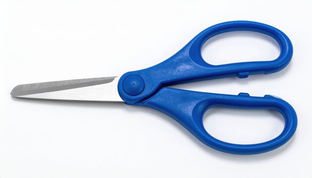 Blue plastic safety scissors on white background