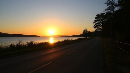 Obraz premium A tranquil lakeside road bathed in golden sunset light.
