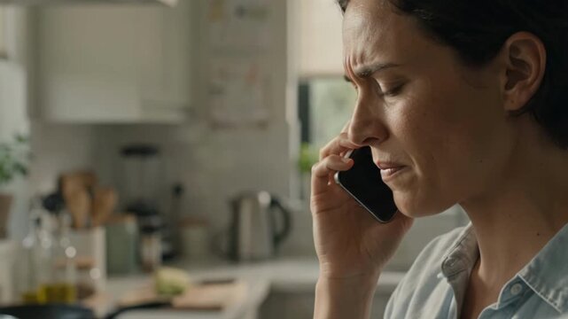 Person Reacting to Unexpected Phone Call in Modern Home Kitchen