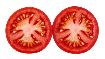 Isolated two fresh red tomato slices, vibrant color and juicy texture, ideal for recipes © Cian
