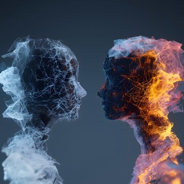 Two computerized human profiles face each other, one in cool tones and the other in warm tones, both constructed from a complicated network of interconnected lines and nodes.