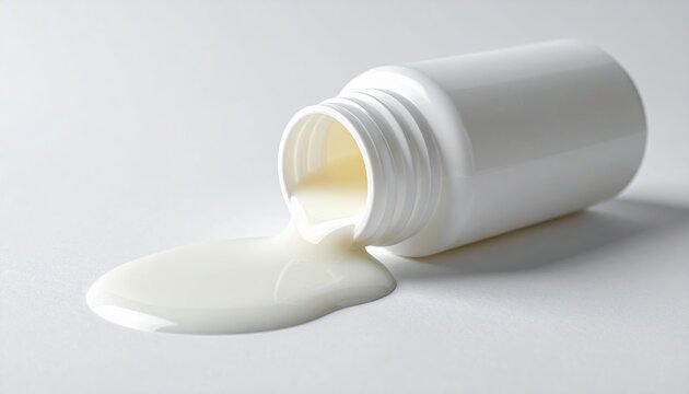 Spilled glue bottle: A white plastic bottle of school glue tipped over with spilled white glue on a white surface.