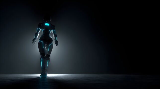 A sleek humanoid robot walks forward in darkness with glowing blue lines with body walking forward forward dark room artificial intelligence