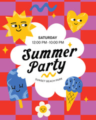 Fototapeta premium Retro Groovy Summer Party Poster Template with Pink Checkerboard Background
