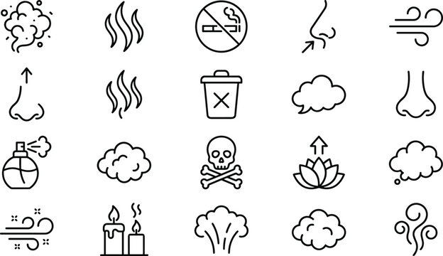 Smell sense and odor line icons set featuring nose aroma perfume smoke toxic stink candle and fresh air breathing symbols.