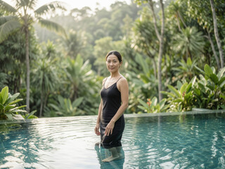 Fototapeta premium Elegant Woman in White Robe Relaxing in Water for Holistic Wellness Experience