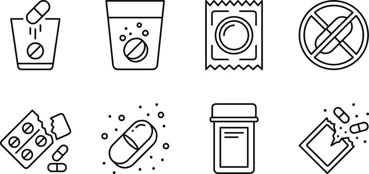 Medical pills and pharmacy line icons set featuring medication tablets effervescent medicine bottle condom blister pack and healthcare symbols.