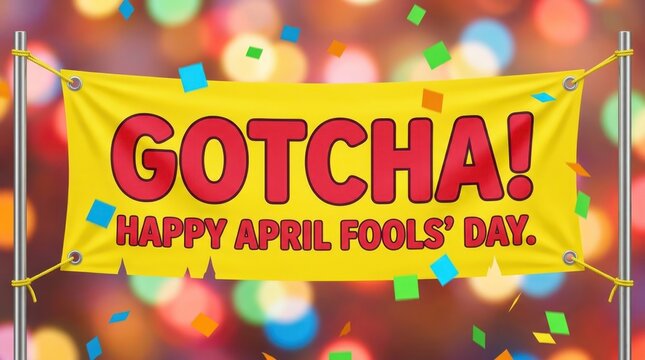 Vibrant yellow Gotcha banner with red text and falling confetti on a blurred bokeh background creates a festive and playful atmosphere for April Fools Day celebrations and humorous prank