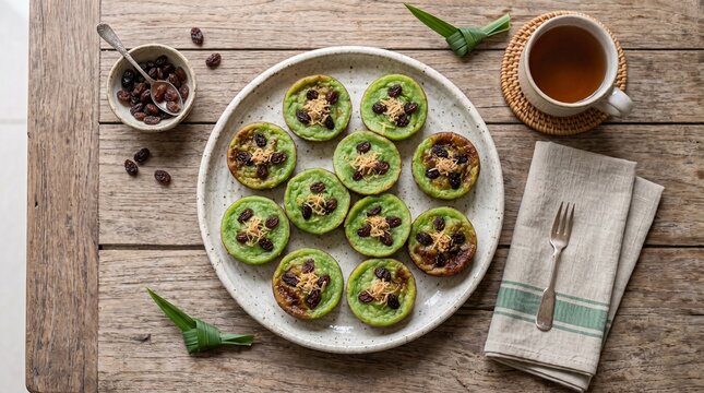 Eleven traditional Indonesian green pandan mud cakes, kue lumpur, topped with black raisins and grated cheese, served with hot tea on a rustic wooden table.