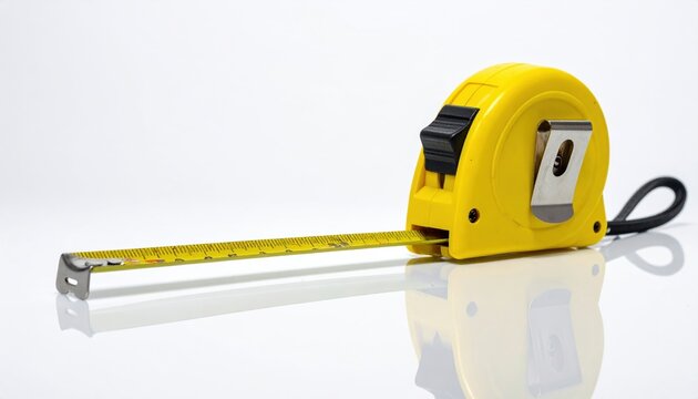 Yellow tape measure with extended metal tape on white background