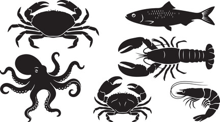 Seafood silhouette collection crabs fish octopus lobster and shrimp © MDZiaul