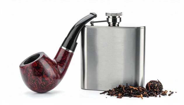 Stainless steel hip flask with classic smoking pipe isolated on white background for vintage lifestyle concept