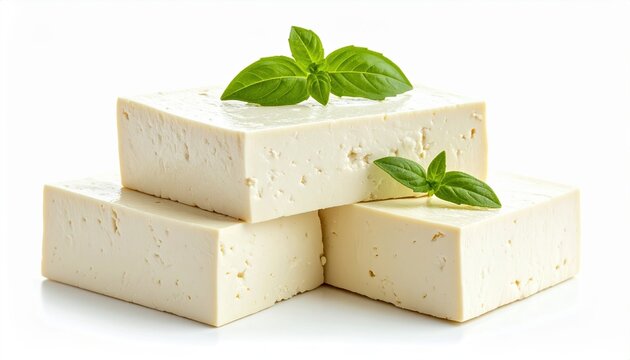 Raw tofu cheese: A clean studio shot of tasty raw tofu cheese isolated on a white background.