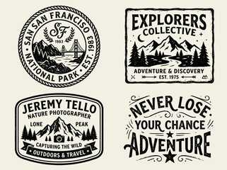 Fototapeta premium Collection of vintage adventure badges and logos featuring mountains, national parks, and outdoor themes