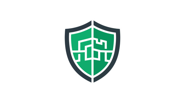 Green shield logo with circuit design.