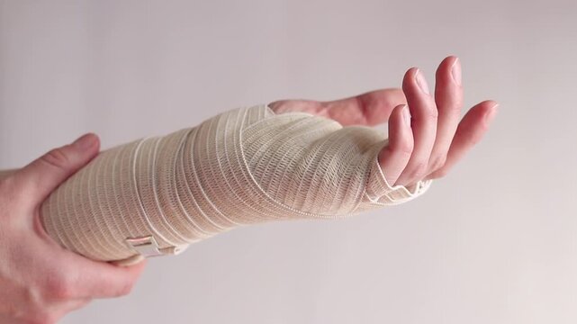 Female hand with elastic bandage on wrist on light background. Close-up of female hand bandaged with beige elastic bandage. Concept of injury, sprain, and rehabilitation. A hand in a medical bandage