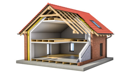 Isolated cutaway view of a modern house showing detailed internal construction and structural elements. © Cian