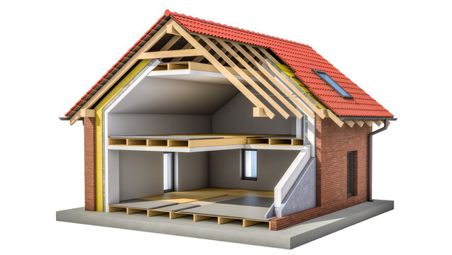 Isolated cutaway view of a modern house showing detailed internal construction and structural elements.