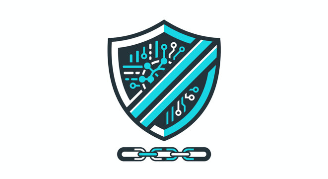 A shield with a chain and binary code.