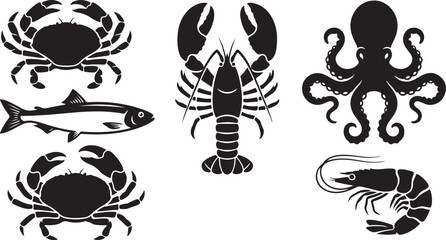 Seafood silhouette collection crabs lobster octopus shrimp and fish graphics © MDZiaul