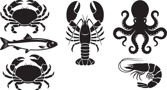 Seafood silhouette collection crabs lobster octopus shrimp and fish graphics