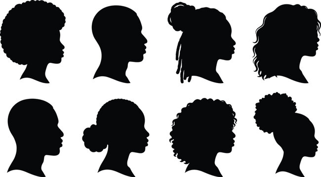 Diverse Black Women Profile Silhouettes with Natural Hairstyles and Hair Texture Collection