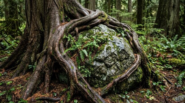 Ancient forest tree roots entwined with boulder