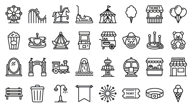 Amusement park and carnival attraction line icons.