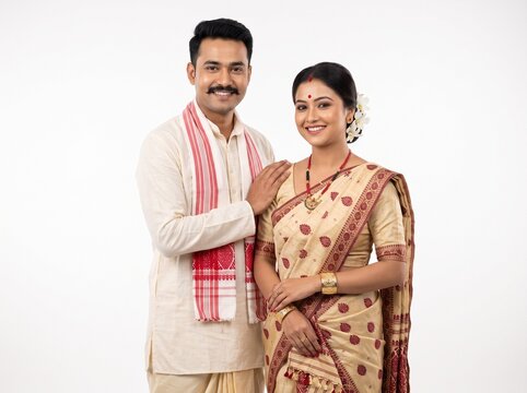 Smiling Assamese Couple in Traditional Attire on White Background