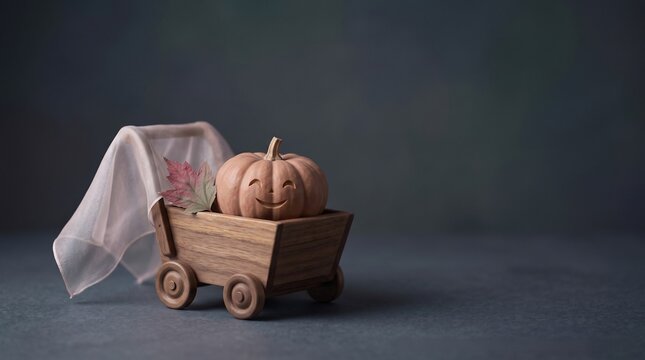 A carved smiling pumpkin sits inside a miniature wooden cart adorned with a delicate fabric canopy