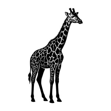 Black and white illustration of a standing giraffe