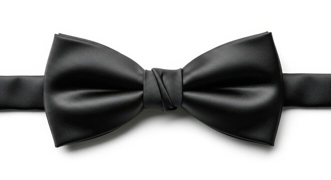Elegant black silk bowtie positioned horizontally on a solid white background. Perfectly symmetrical accessory for formal attire and events, garment, tuxedo, occasion