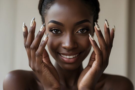 Themed gentle manicure in bright pastel beige colors with tender glitter design AI Generative