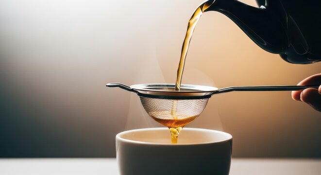 Hot amber tea being carefully poured through a fine mesh strainer into a simple ceramic white cup, emphasizing the brewing process, clarity, hot, filtering