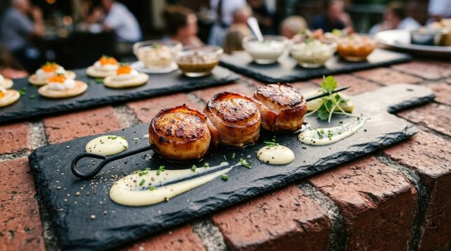 Gourmet Bacon Wrapped Scallops Appetizer Platter with Creamy Sauce and Fresh Herbs