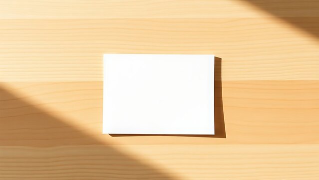 Minimalist wooden desk with a single blank notecard casting natural shadows, embodying simplicity.