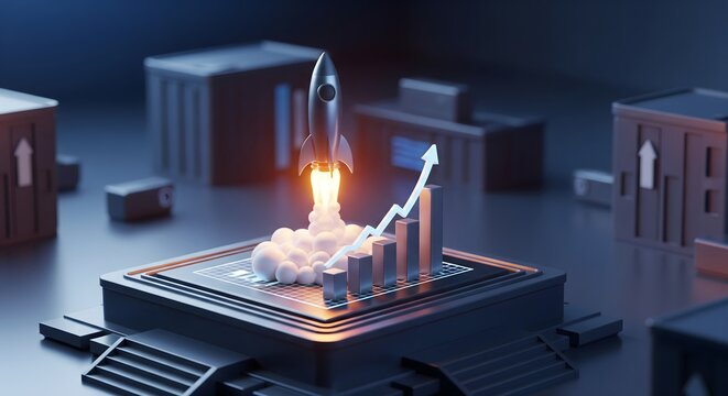 A conceptual photo of a miniature silver rocket taking off next to a rising growth bar chart and arrow.