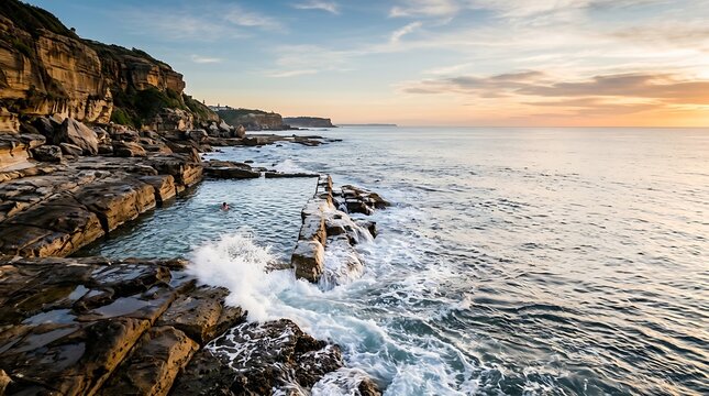 Ocean rock pool with a swimmer at sunrise along a rugged coast