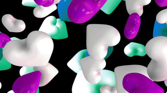 Abstract 3D floating hearts background falling colorful candy heart shapes on black backdrop