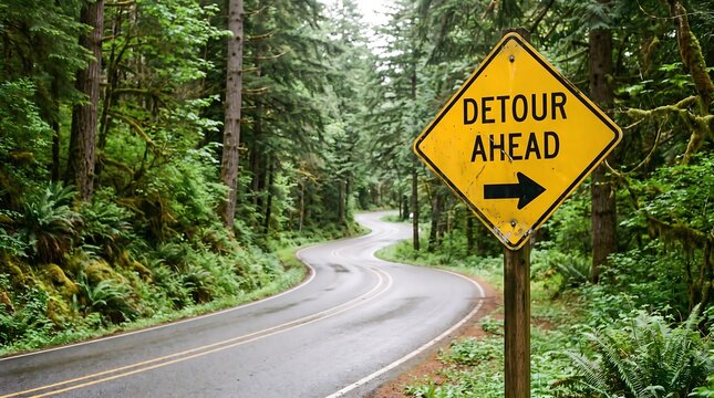 Detour ahead yellow warning sign on forest road with road trip