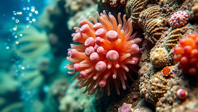 Multi-headed sea anemone swaying in ocean currents, marine life in soft natural light.