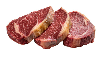 Fototapeta premium Isolated three fresh raw ribeye beef steaks showcasing beautiful marbling, ready for gourmet cooking