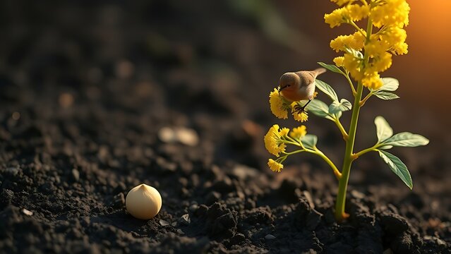 Mustard seed beside a fully grown tree with a bird on a branch in soft morning light.