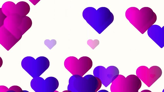Abstract floating purple and pink gradient hearts background falling colorful flat heart shapes on white backdrop