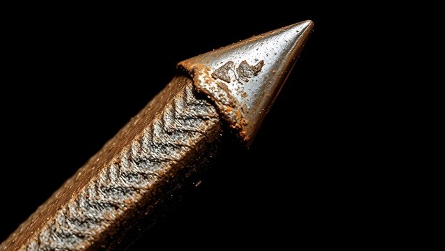 Extreme close-up of a single rusty, bent iron nail with sharp tip.