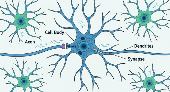 scientific illustration of neuron structure with cell body dendrites axon and synapse in shades of blue
