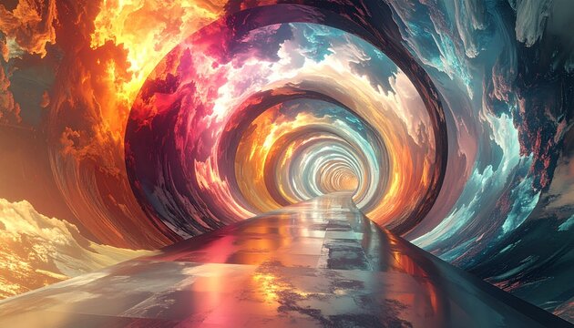A surreal, swirling tunnel of clouds and light with a reflective path